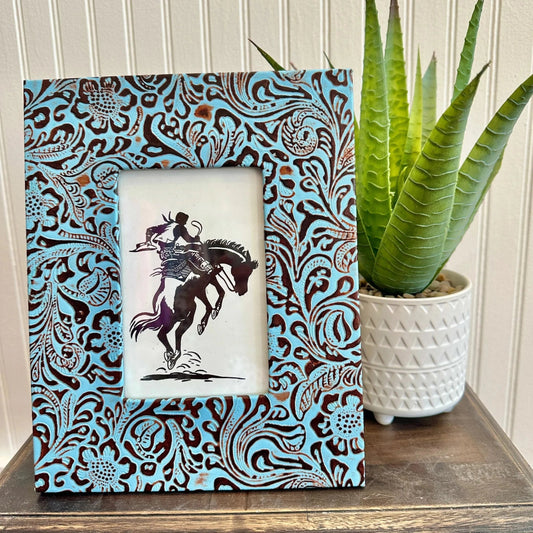 Cadre photo gaufré en cuir turquoise - Rustic Furniture Outlet