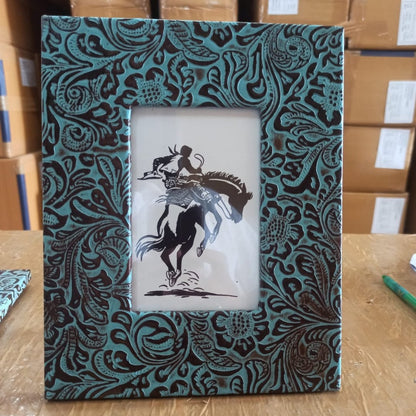 Turquoise leather embossed photo Frame - Rustic Furniture Outlet