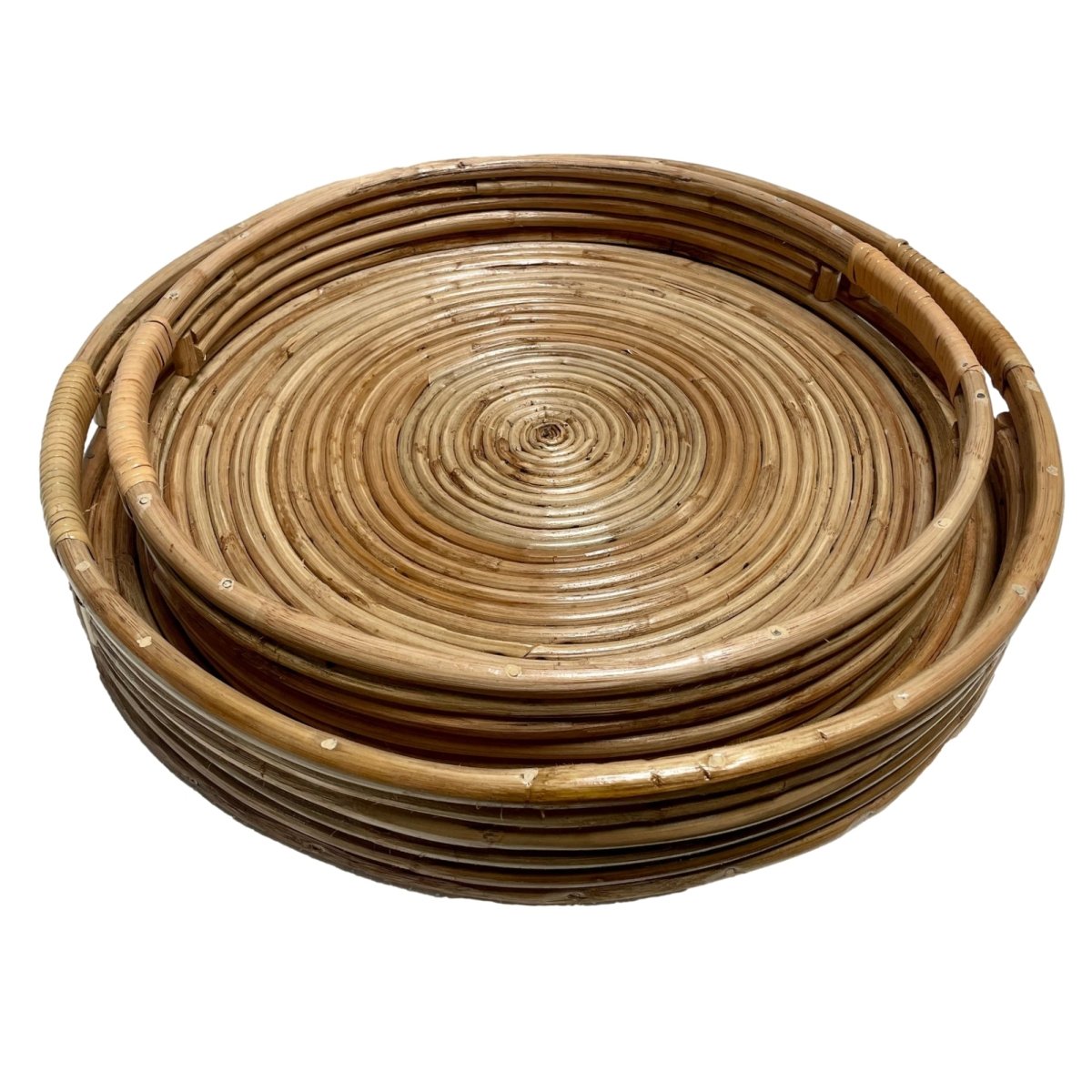 Verres Set of 2 Rattan Round Tray with Handles - Rustic Furniture Outlet