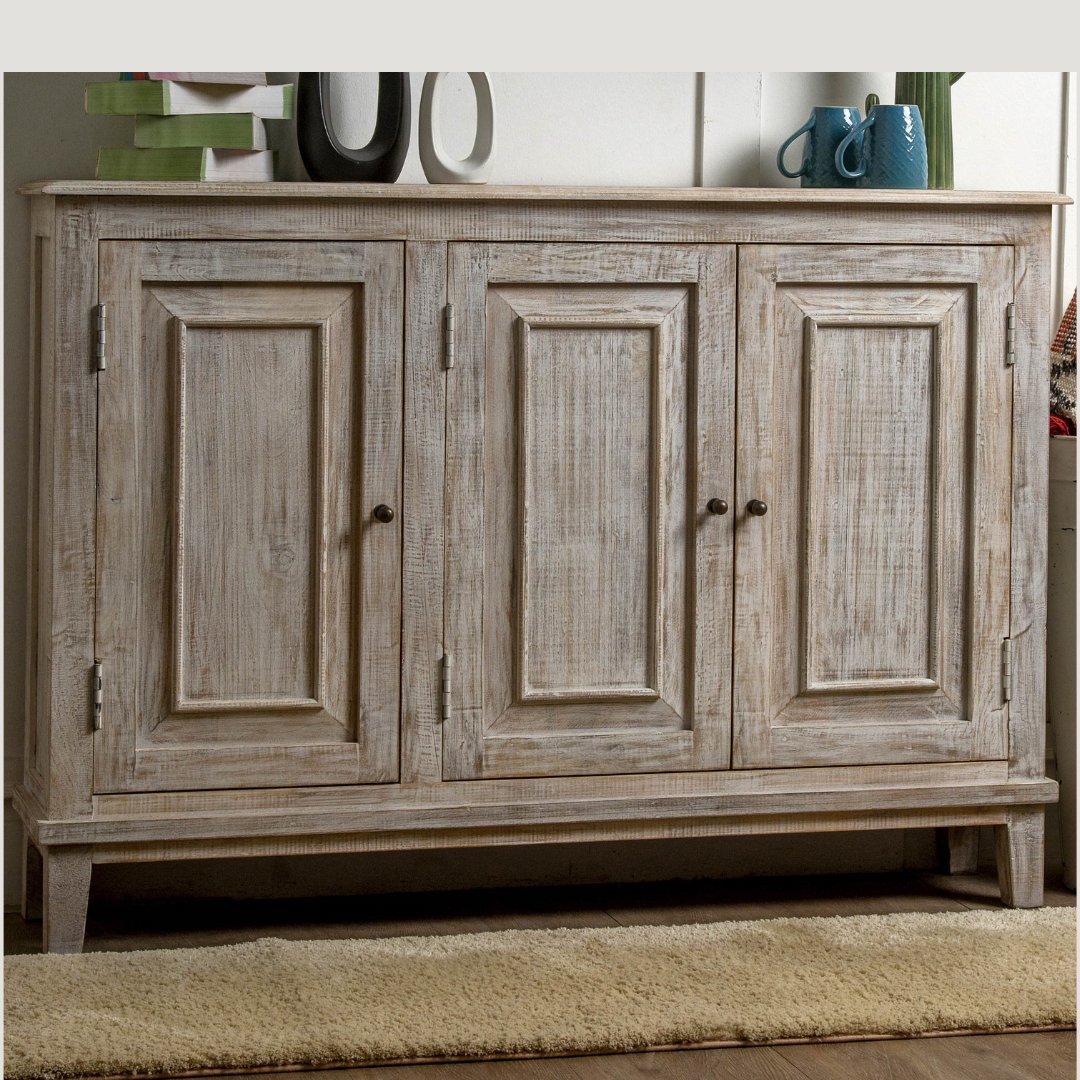 Waves 3 door Distressed white wash sideboard - Rustic Furniture Outlet
