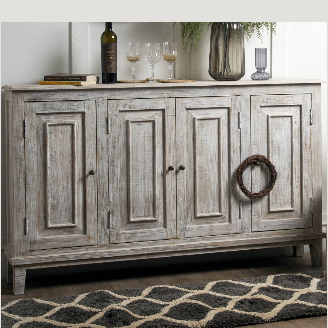 Waves 4 door Distressed white wash sideboard - Rustic Furniture Outlet