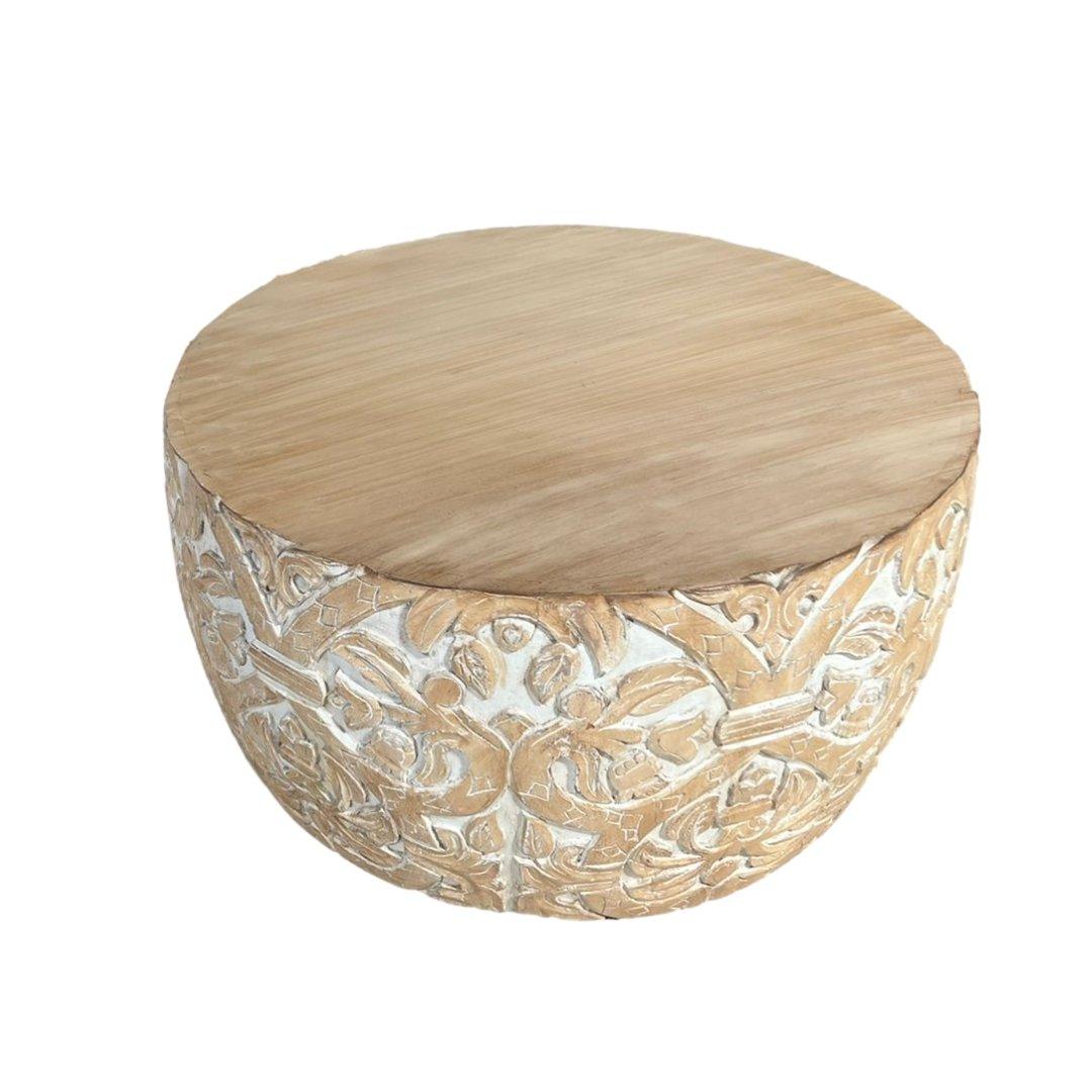 Table basse tambour en bois de manguier Jungle White Wash - Rustic Furniture Outlet